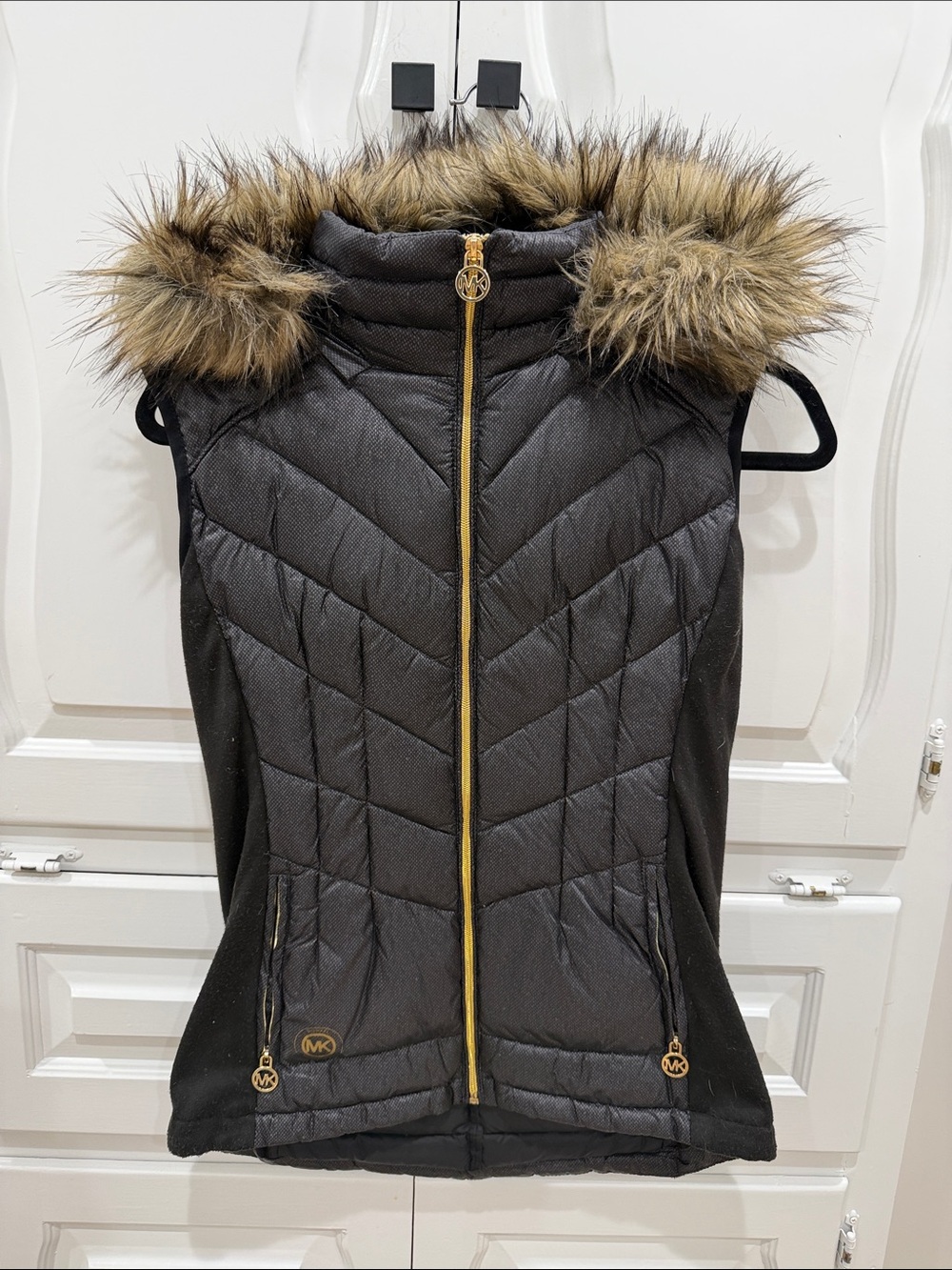 Michael Kors Black and Gray Quilted Vest with Faux Fur Trim